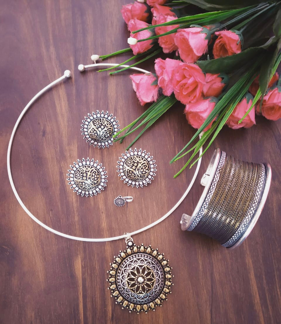 Oxidized Hasli Necklace Earrings,Ring and Bracelet