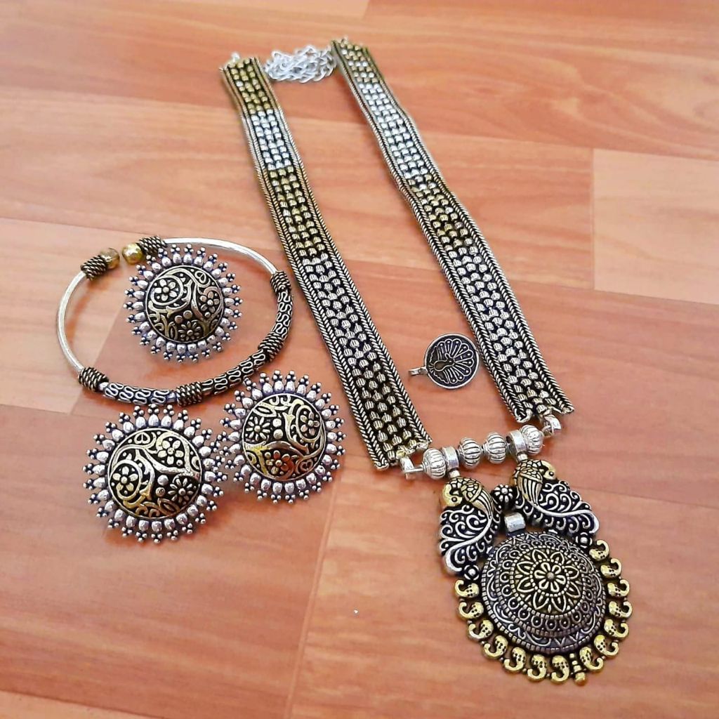 Oxidized Necklace Set with matching Studs, Ring, Bracelet, and Nosepin