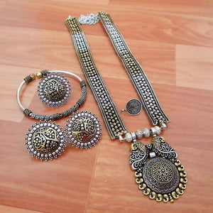 Oxidized Necklace Set with matching Studs, Ring, Bracelet, and Nosepin