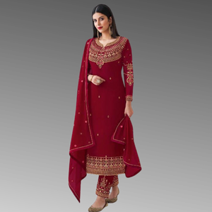 Long Length Suit with Pant in Heavy Embroidery (Burgandy Color)