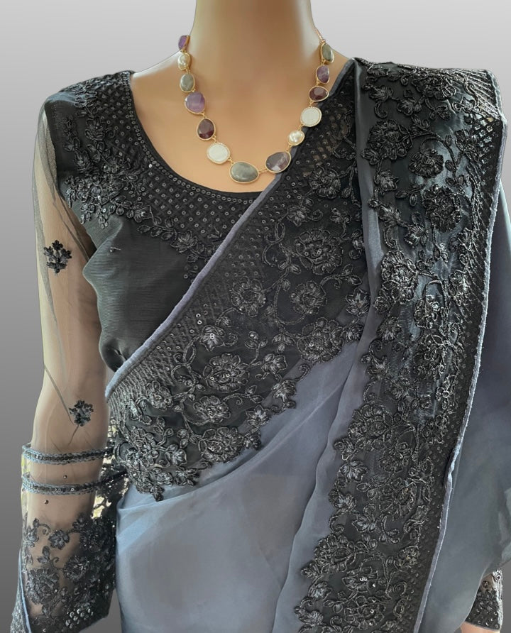 Black and Grey Dual Shade Embroidered Party Wear Saree with Prestitched Blouse and Petticot