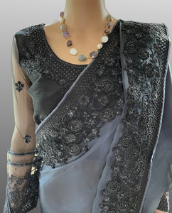 Black and Grey Dual Shade Embroidered Party Wear Saree with Prestitched Blouse and Petticot