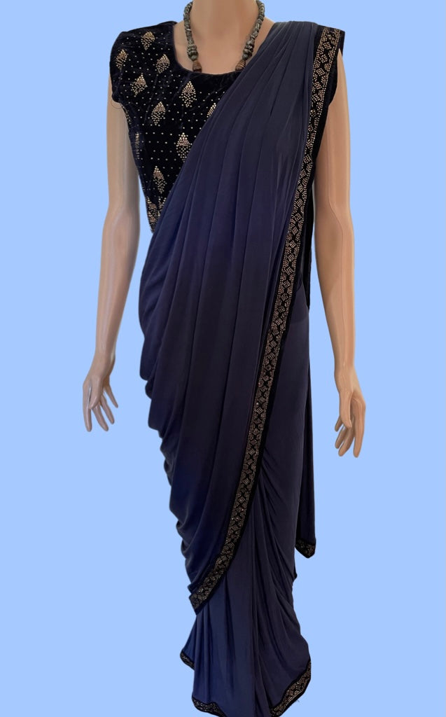 Pre Sticthed Ready to Wear Saree (Eggplant Blue)