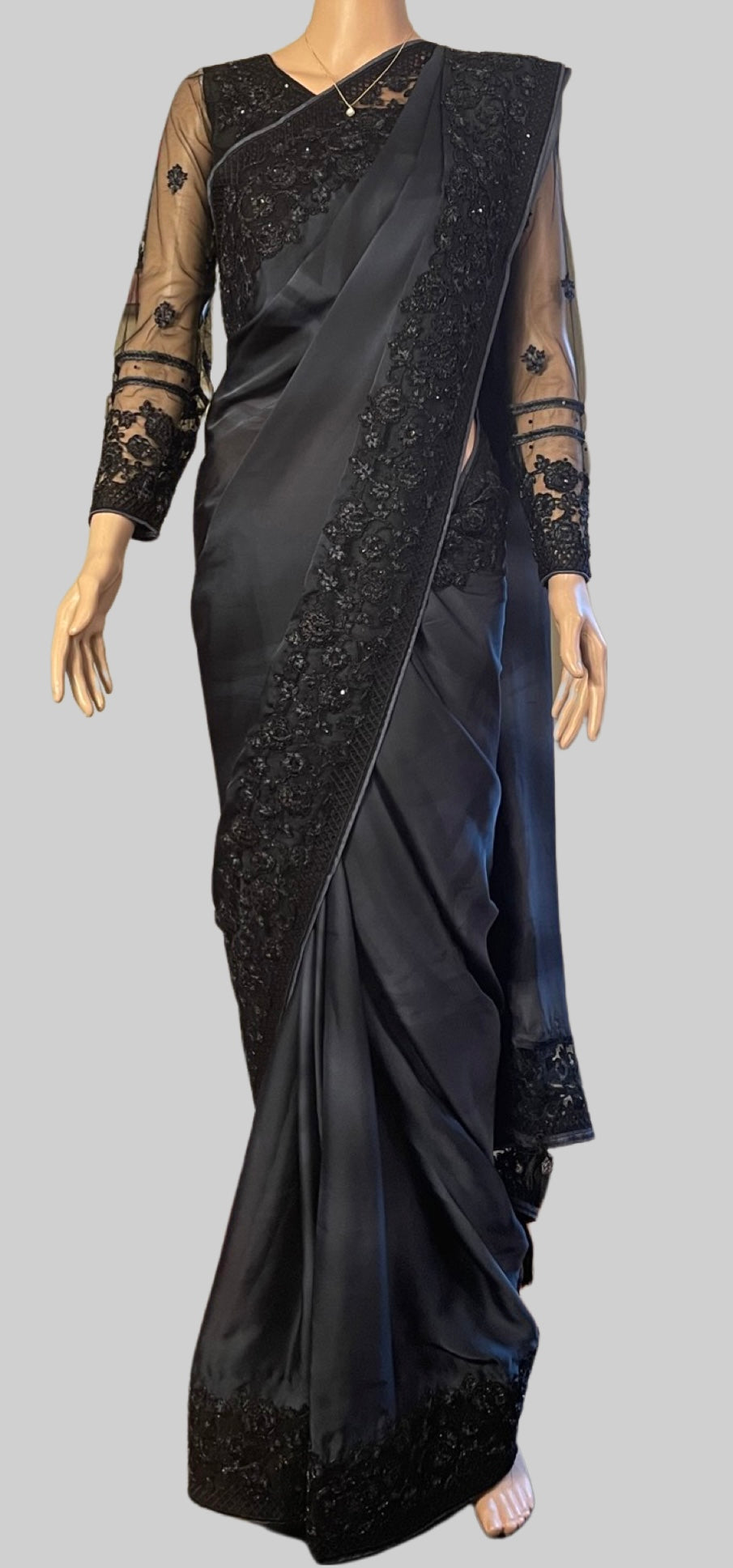 Black and Grey Dual Shade Embroidered Party Wear Saree with Prestitched Blouse and Petticot