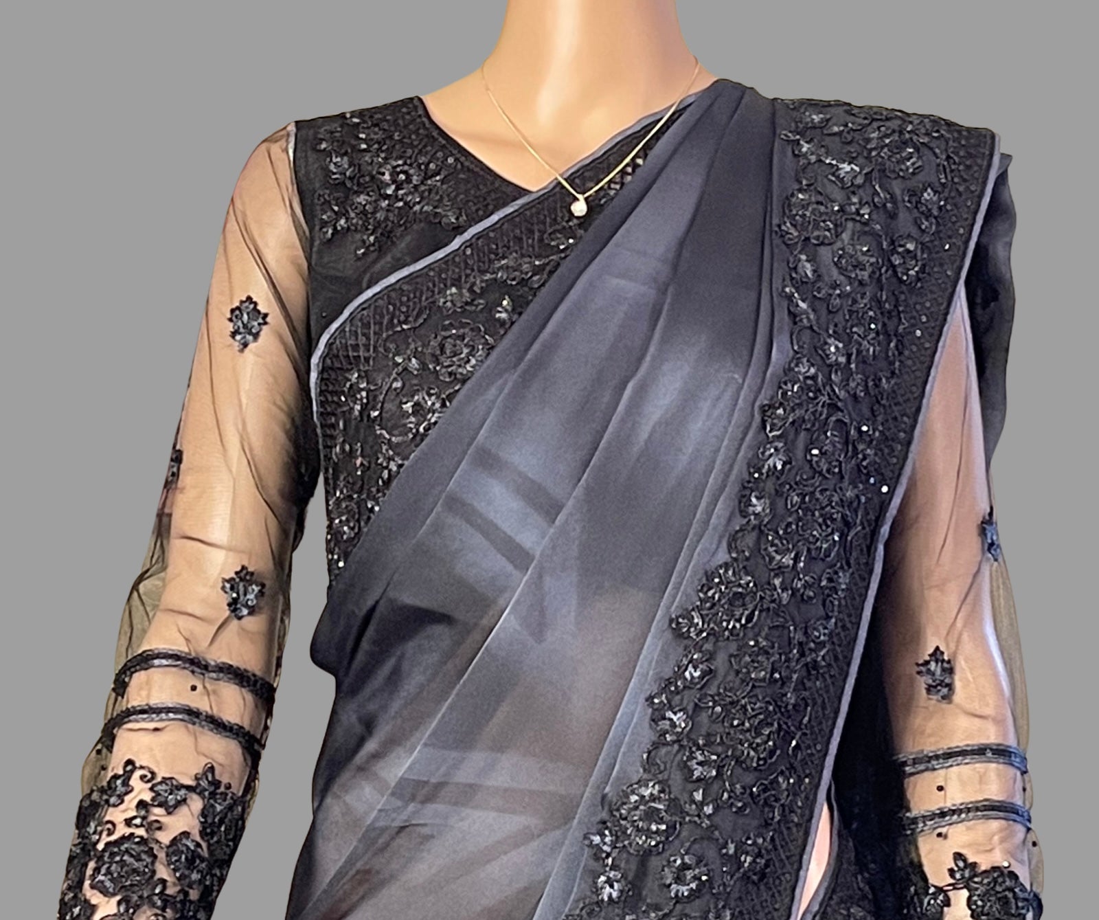 Black and Grey Dual Shade Embroidered Party Wear Saree with Prestitched Blouse and Petticot