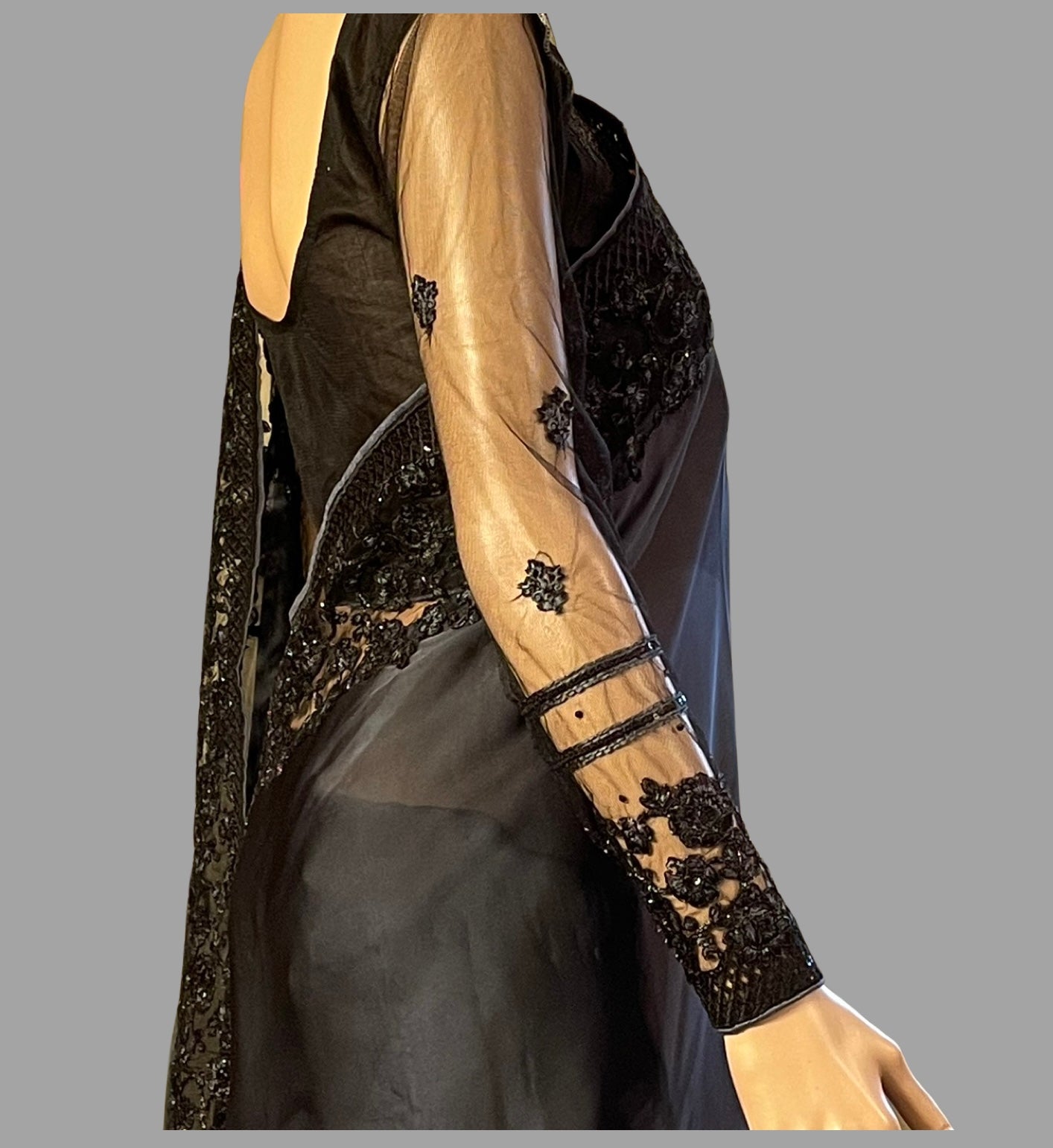 Black and Grey Dual Shade Embroidered Party Wear Saree with Prestitched Blouse and Petticot