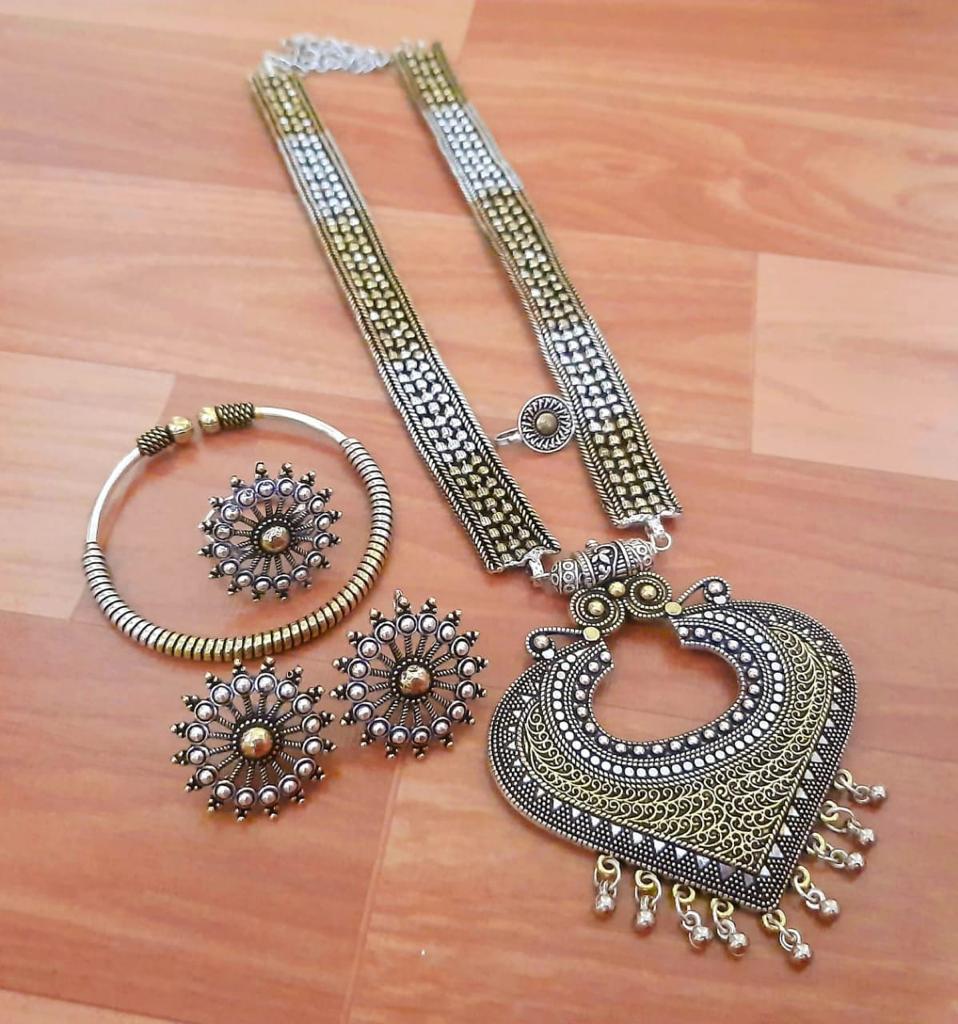 Oxidized Heart Shape Necklace With Earrings,Nose pin,Ring and Bracelet