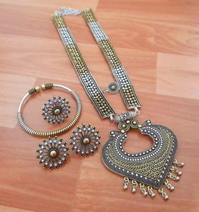 Oxidized Heart Shape Necklace With Earrings,Nose pin,Ring and Bracelet