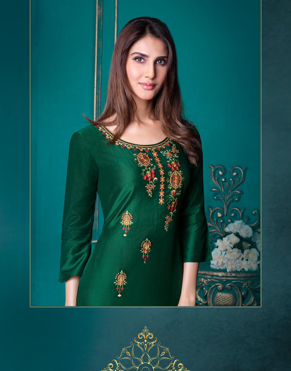 Bottle Green Kundan Button Down Kurti with Pants and Maroon Paisley Dupatta  - anokherang - 3175146