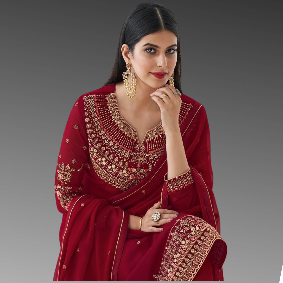Long Length Suit with Pant in Heavy Embroidery (Burgandy Color)
