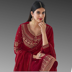 Long Length Suit with Pant in Heavy Embroidery (Burgandy Color)